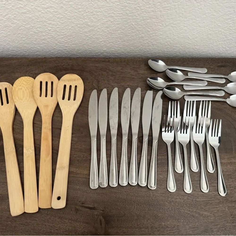 Wooden Cooking Spoons & Silverware Kitchen Dining Bundle Lot